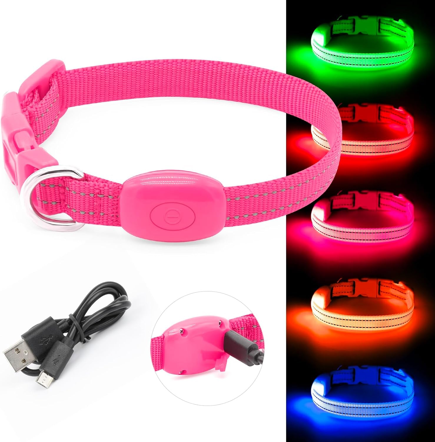 Rechargeable LED Dog Collar - Glow in the Dark Reflective Safety Collar for Night Walking (Pink, XS)