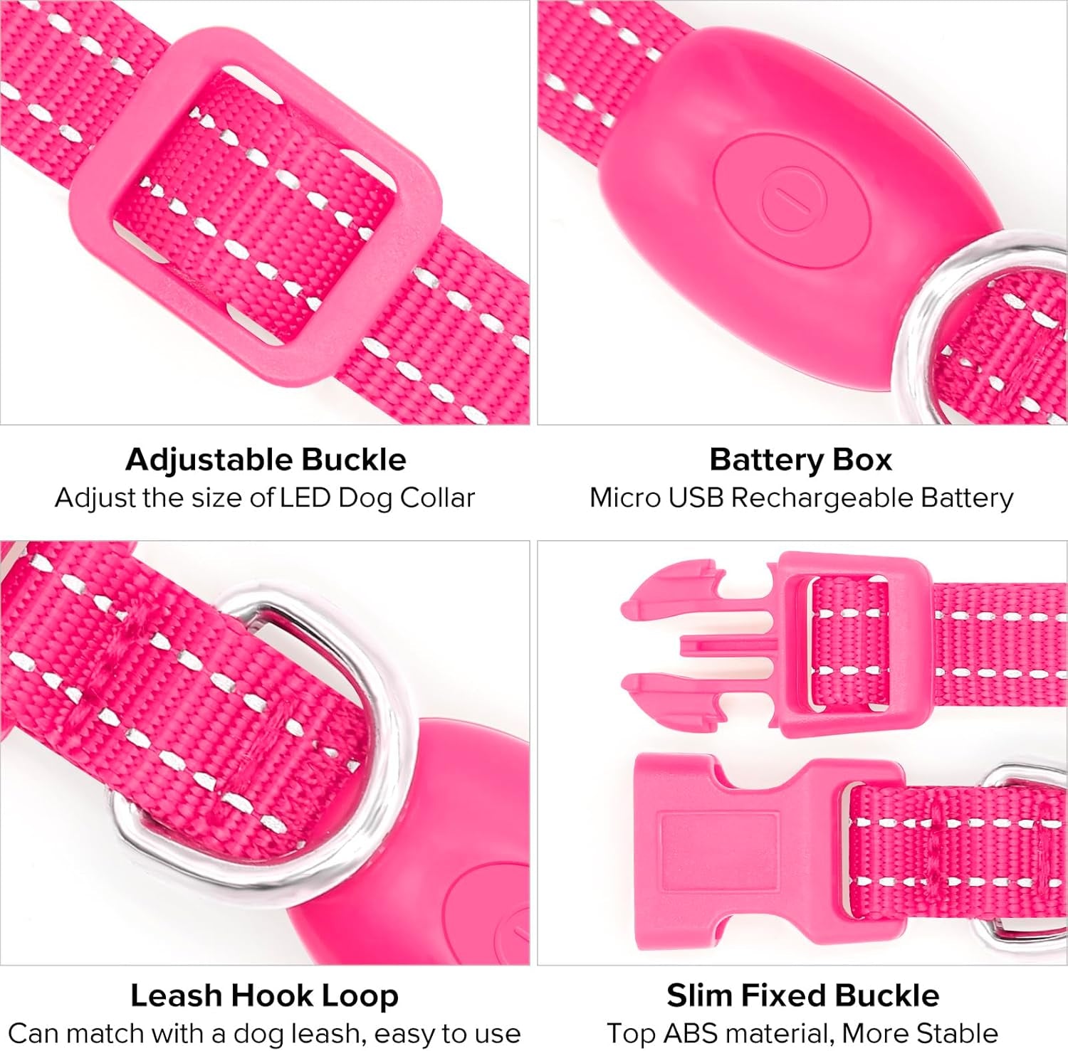 Rechargeable LED Dog Collar - Glow in the Dark Reflective Safety Collar for Night Walking (Pink, XS)