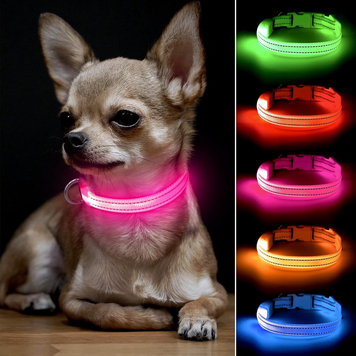 Rechargeable LED Dog Collar - Glow in the Dark Reflective Safety Collar for Night Walking (Pink, XS)