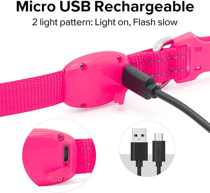 Rechargeable LED Dog Collar - Glow in the Dark Reflective Safety Collar for Night Walking (Pink, XS)